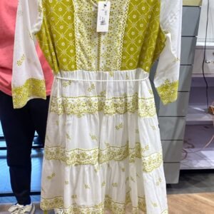 Women's Green & White Printed Short Dress - M